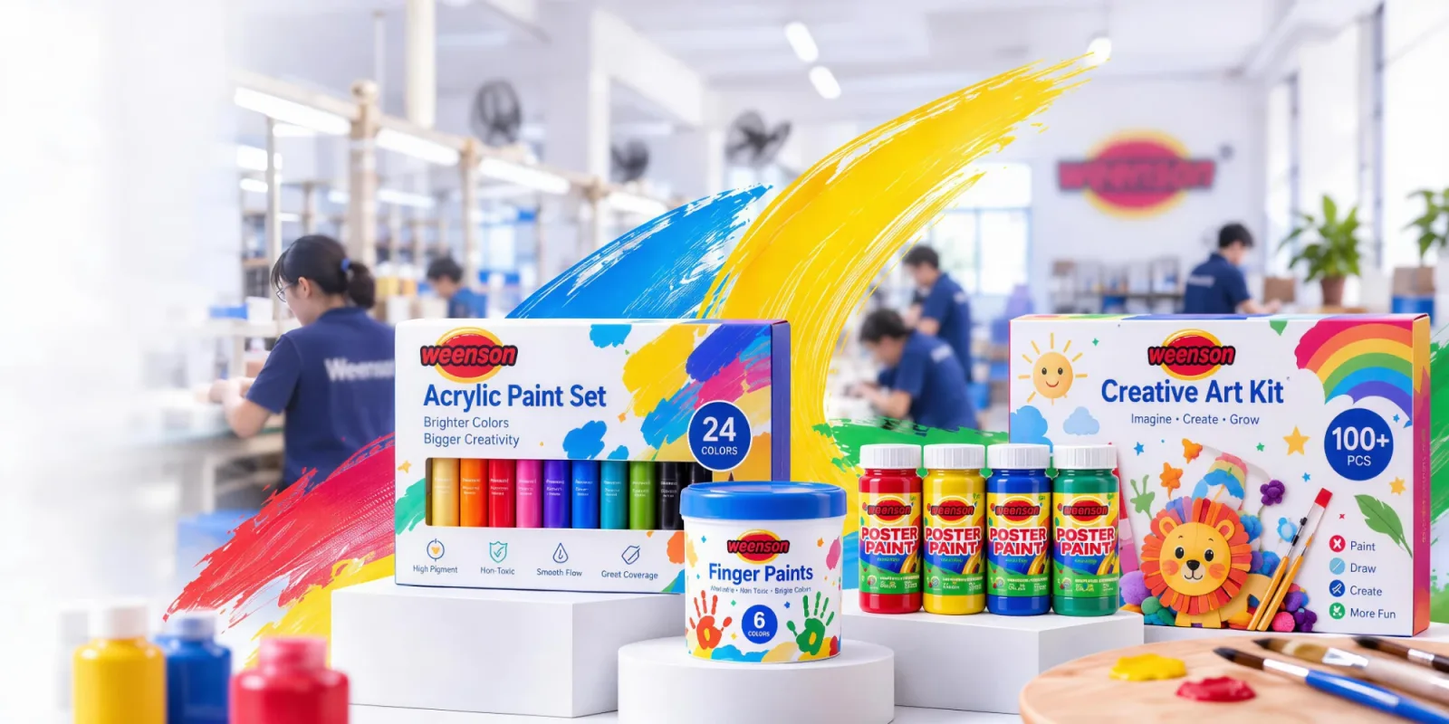 维成产品系列:丙烯颜料套装、手指画颜料、学生胶水与创意美术套装