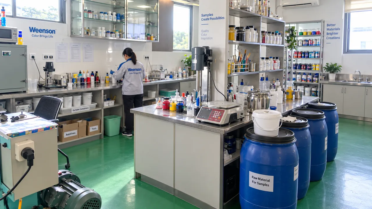 Formulation laboratory with work benches and raw material drums