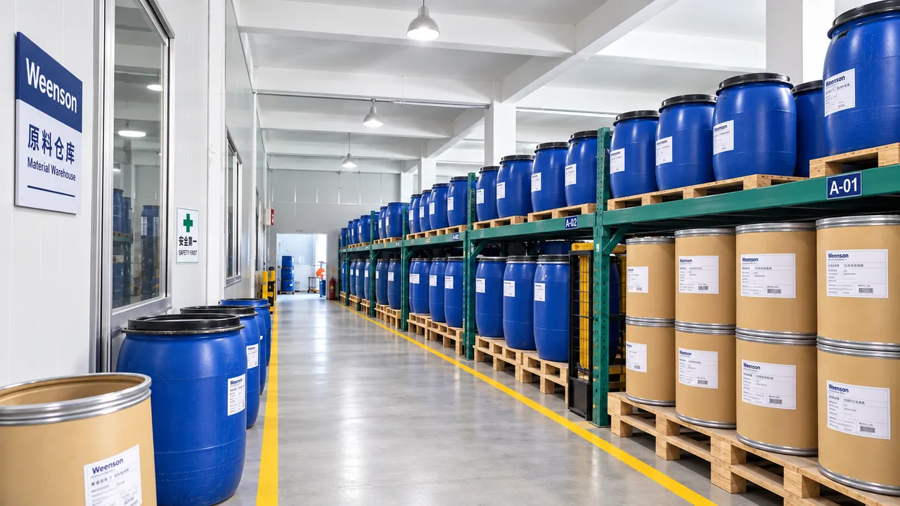 Raw material warehouse with racking and drums